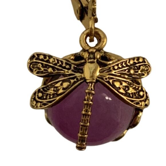 Purple Dragonfly Earrings Vintage Victorian Style Glass & Gold Metal Insect NEW - Picture 3 of 9